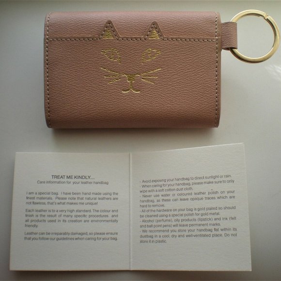 NWT Designer Charlotte Olympia Calfskin Leather Blush Feline Keychain Purse $325 - Picture 4 of 11